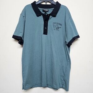 True Religion Mens Polo Shirt L Blue Black Trim Guitar Logo 100% Cotton